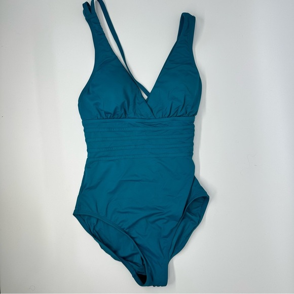 La Blanca V-Neck Strappy 1 Piece Swimsuit Size 4 Turquoise Tummy Control Beach - Picture 1 of 8